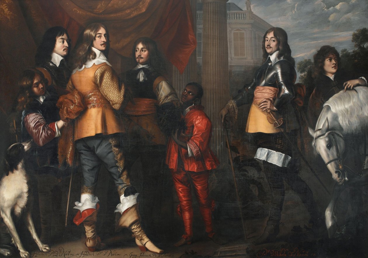 威廉-弗雷德里克-范-拿骚-迪茨（1613-1664 年）、亨德里克-卡西米尔一世-范-拿骚-迪茨（1612-1640 年）、亨德里克-范-拿骚-锡根（1611-1652 年）和乔治-弗雷德里克-范-拿骚-锡根（1606-1674 年）与仆人的合影肖像 作者 阿德里安·汉尼曼