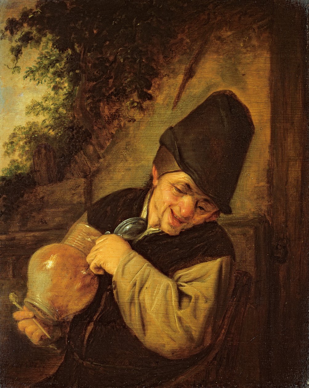 农民拿着壶和管，c.1650-55（橡木板上的油） 作者 阿德里亚恩·扬斯（Adriaen Jansz）。范·奥斯塔德