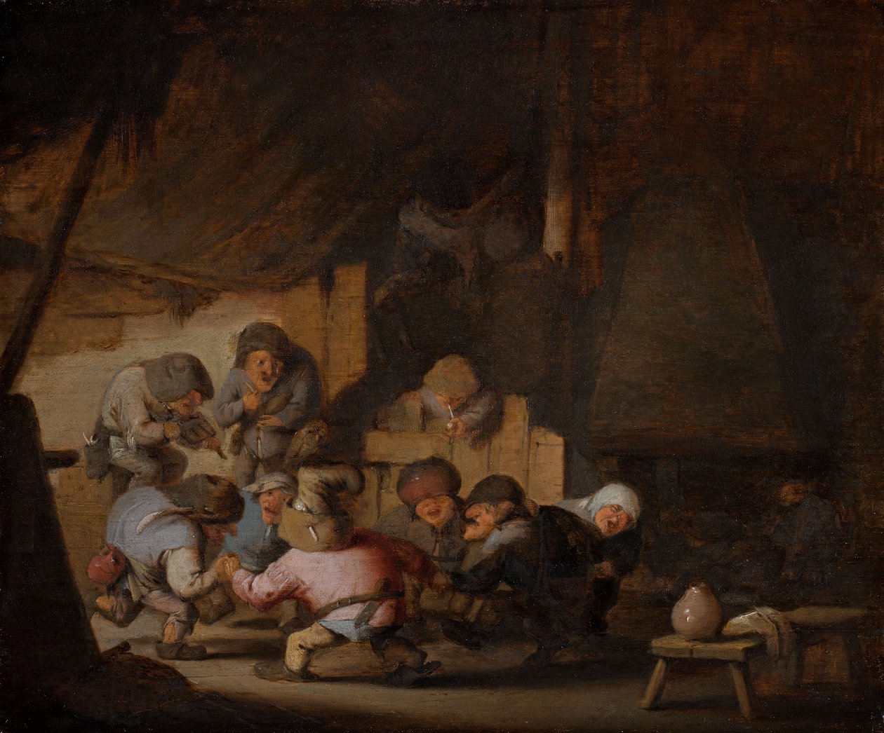 农民旅店里跳舞的小矮人，约 1635 年（木板油画） 作者 阿德里亚恩·扬斯（Adriaen Jansz）。范·奥斯塔德