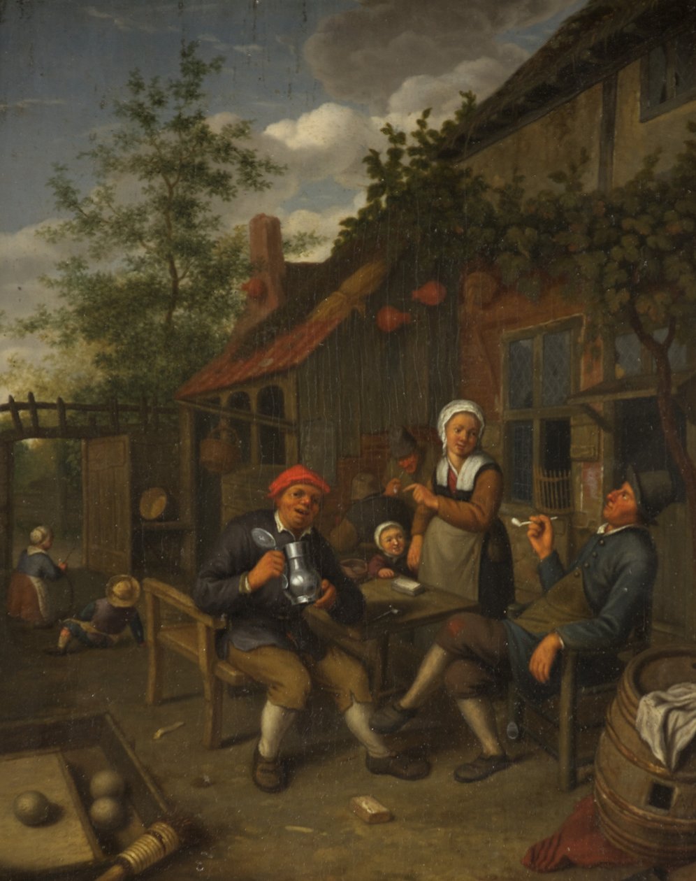 农民在客栈外饮酒（油画板）。 作者 阿德里亚恩·扬斯（Adriaen Jansz）。范·奥斯塔德