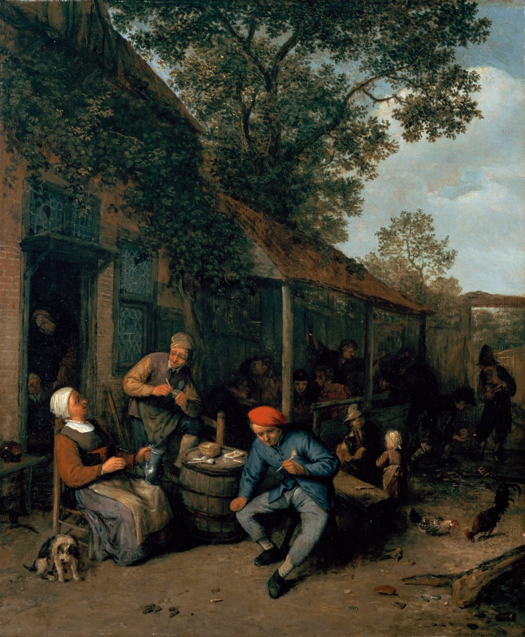 小酒馆外面的农民吸烟和宴餐，1676年 作者 阿德里亚恩·扬斯（Adriaen Jansz）。范·奥斯塔德