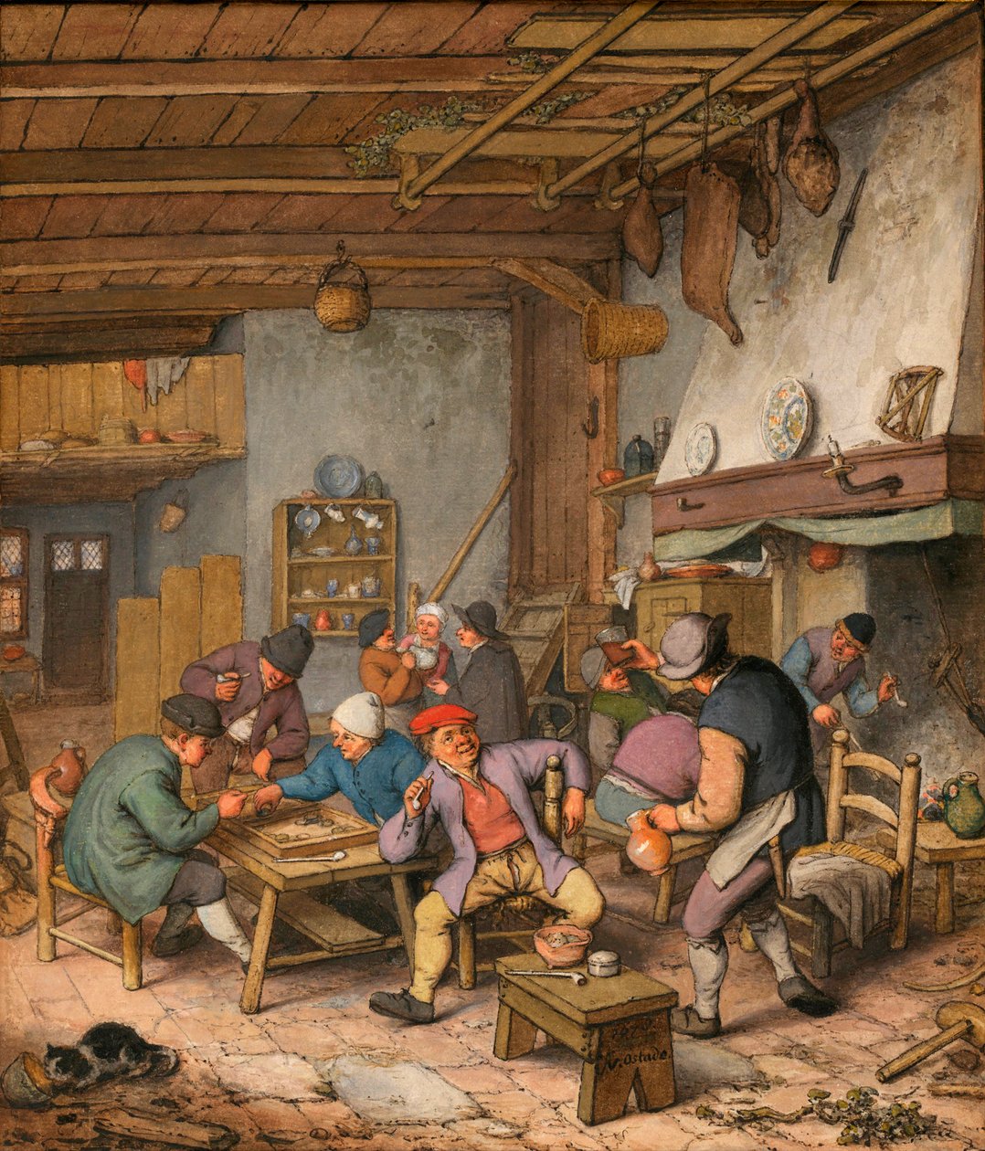 一个客栈的房间里，农民在喝酒、抽烟和玩西洋双陆棋 - Adriaen Jansz van Ostade（1610-1685 年）的作品 纸上铅笔、粉笔和水彩画 作者 阿德里亚恩·扬斯（Adriaen Jansz）。范·奥斯塔德