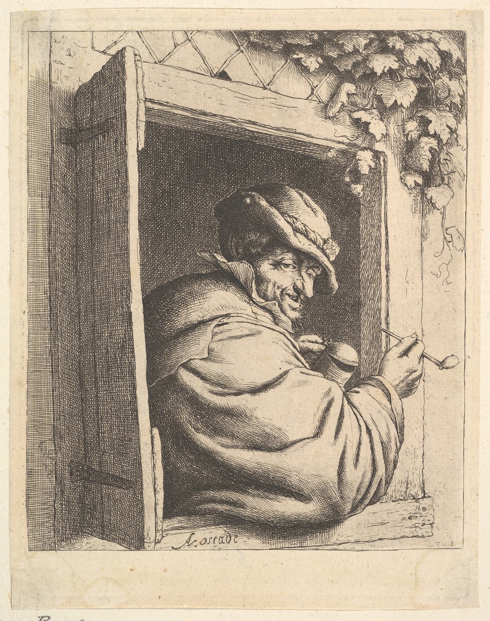 吸烟者在窗户旁，1610-185。 作者 阿德里亚恩·扬斯（Adriaen Jansz）。范·奥斯塔德