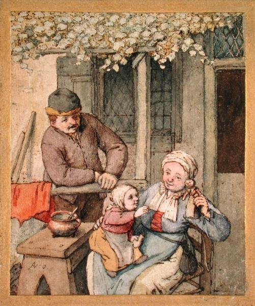 孩子和娃娃》（纸上钢笔和水彩画） 作者 阿德里亚恩·扬斯（Adriaen Jansz）。范·奥斯塔德