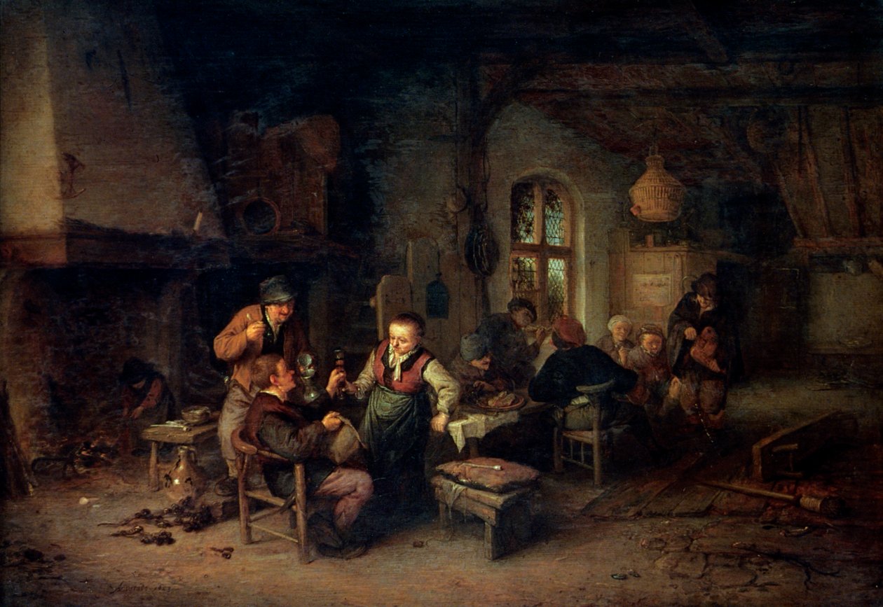 1653年，一家拥有九个农民和一个Hurdy-Gurdy播放器的旅馆的内部。 作者 阿德里亚恩·扬斯（Adriaen Jansz）。范·奥斯塔德