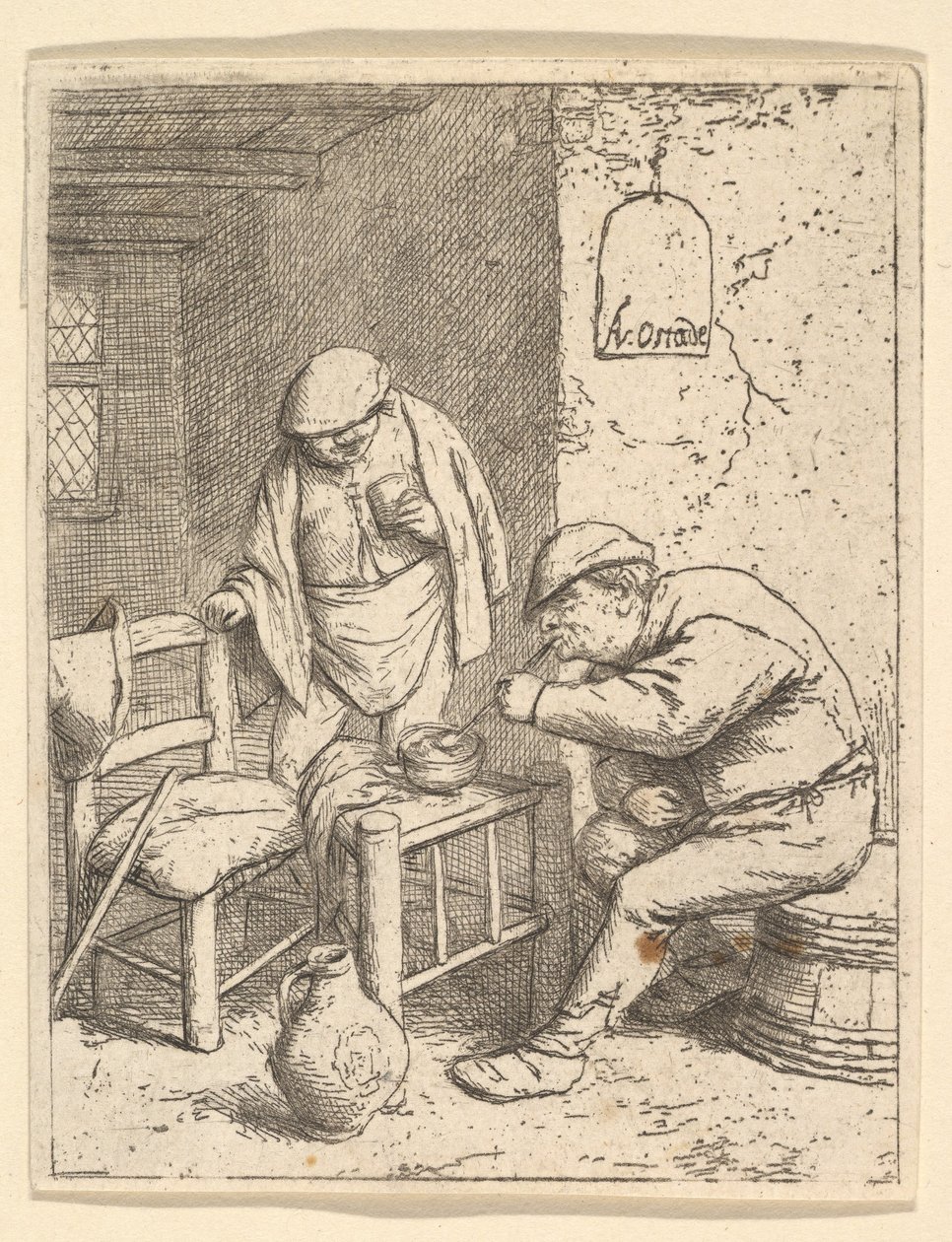 吸烟者与饮酒者，1682年。 作者 阿德里亚恩·扬斯（Adriaen Jansz）。范·奥斯塔德