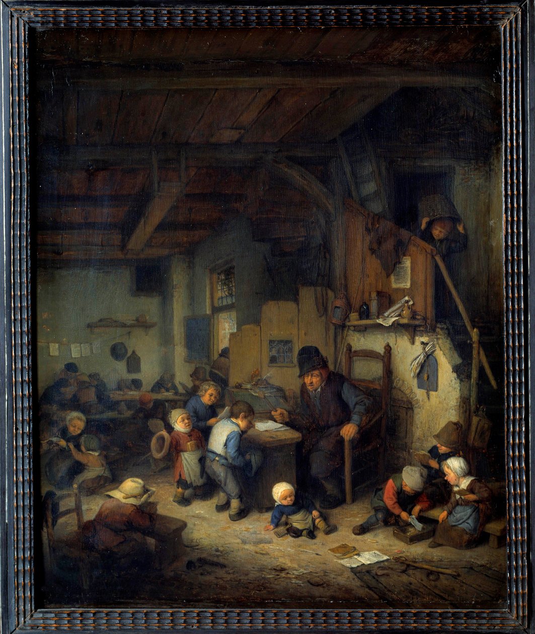 校园场景班的主人，一个老老师，带着喜欢背景的小学生。 Adrien van Ostade (1610-1685) 1662 年作画。 0,4x0,32 m 作者 阿德里亚恩·扬斯（Adriaen Jansz）。范·奥斯塔德