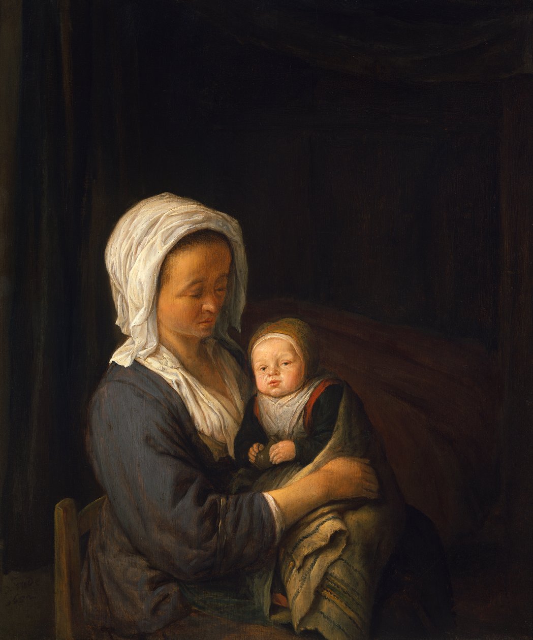 抱着孩子的妇女在她的腿上 作者 阿德里亚恩·扬斯（Adriaen Jansz）。范·奥斯塔德