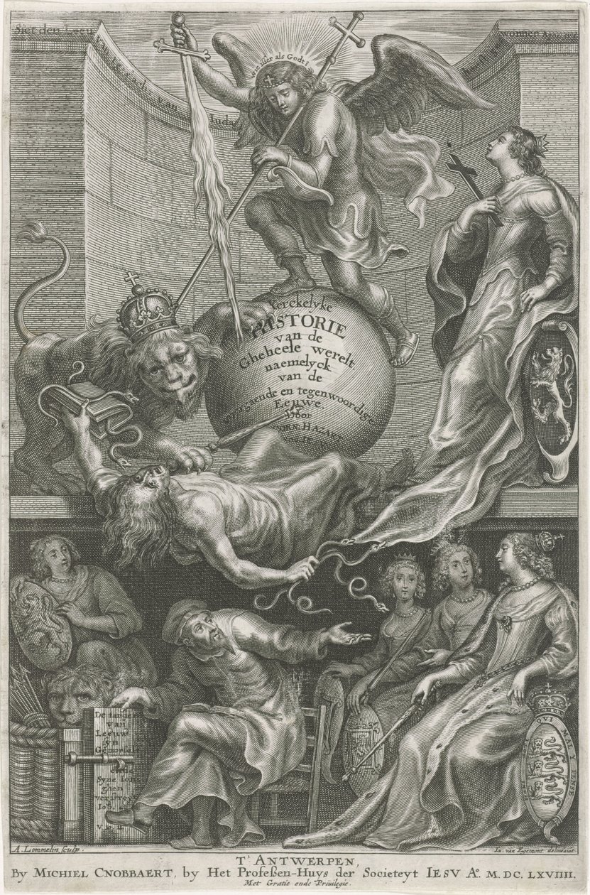 寓意深刻的扉页，写着落魄的妒忌
扉页：C. Hazart，Kerckelycke historie，1669 年 作者 阿德里亚恩·洛梅林