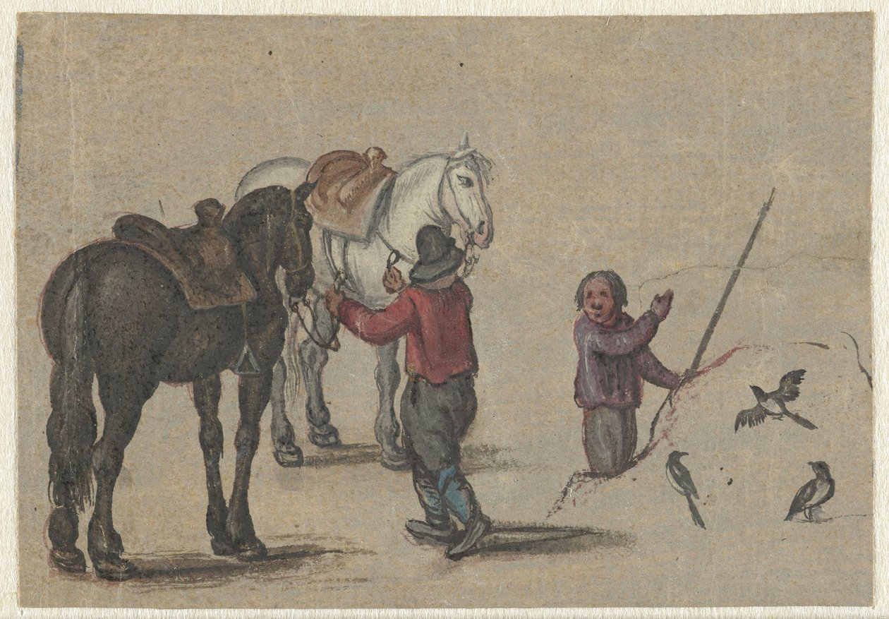一个男人抱着两匹马，一个男人抱着鸟 作者 Adriaen Pietersz van de Venne (可能)