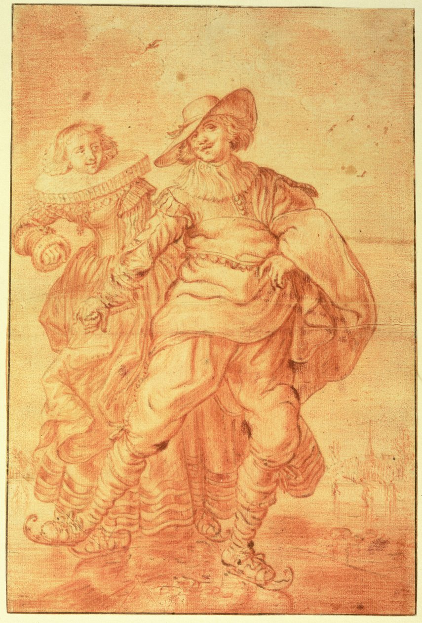一位女士和绅士在冰上滑冰，c.1625（纸上的红色粉笔） 作者 阿德里亚恩·彼得森·范德文纳