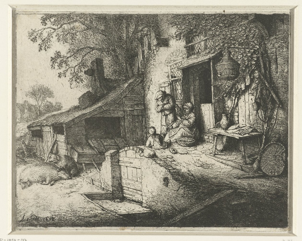 在房子前面旋转的女人 门口咕噜咕噜叫的女人 作者 Adriaen van Ostade（艺术家签名）