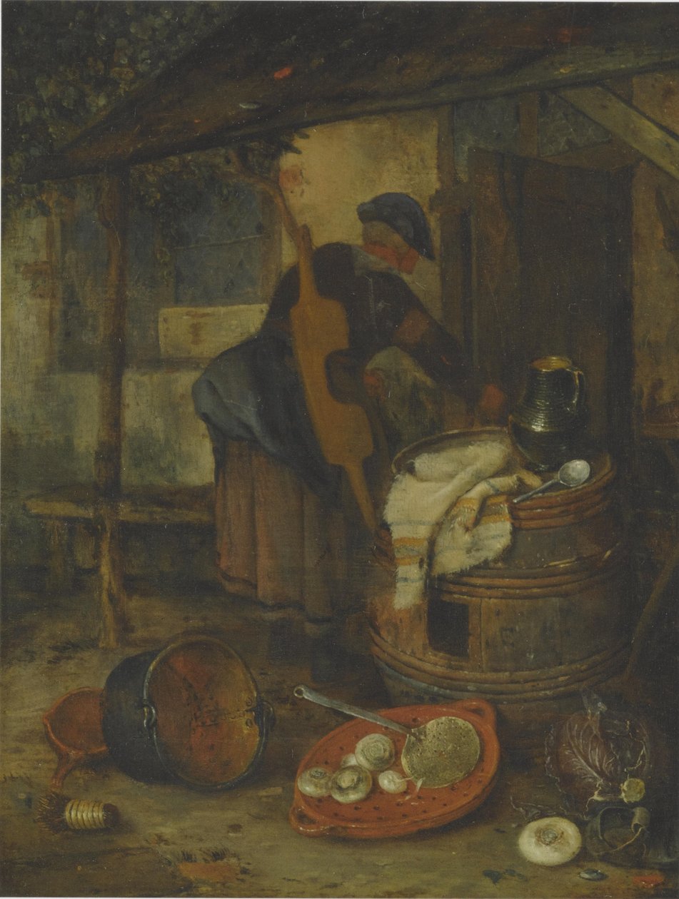 一个女仆与桶和蔬菜的门 作者 阿德里亚恩·扬斯（Adriaen Jansz）。范·奥斯塔德