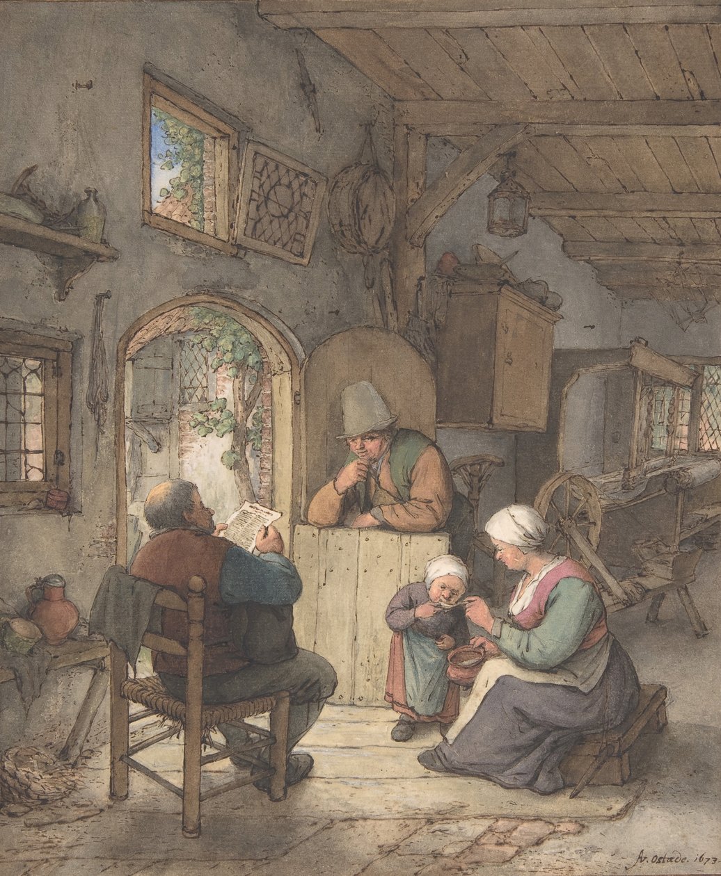 1673年，在纺织厂的小屋里读新闻。 作者 阿德里安·范·奥斯塔德
