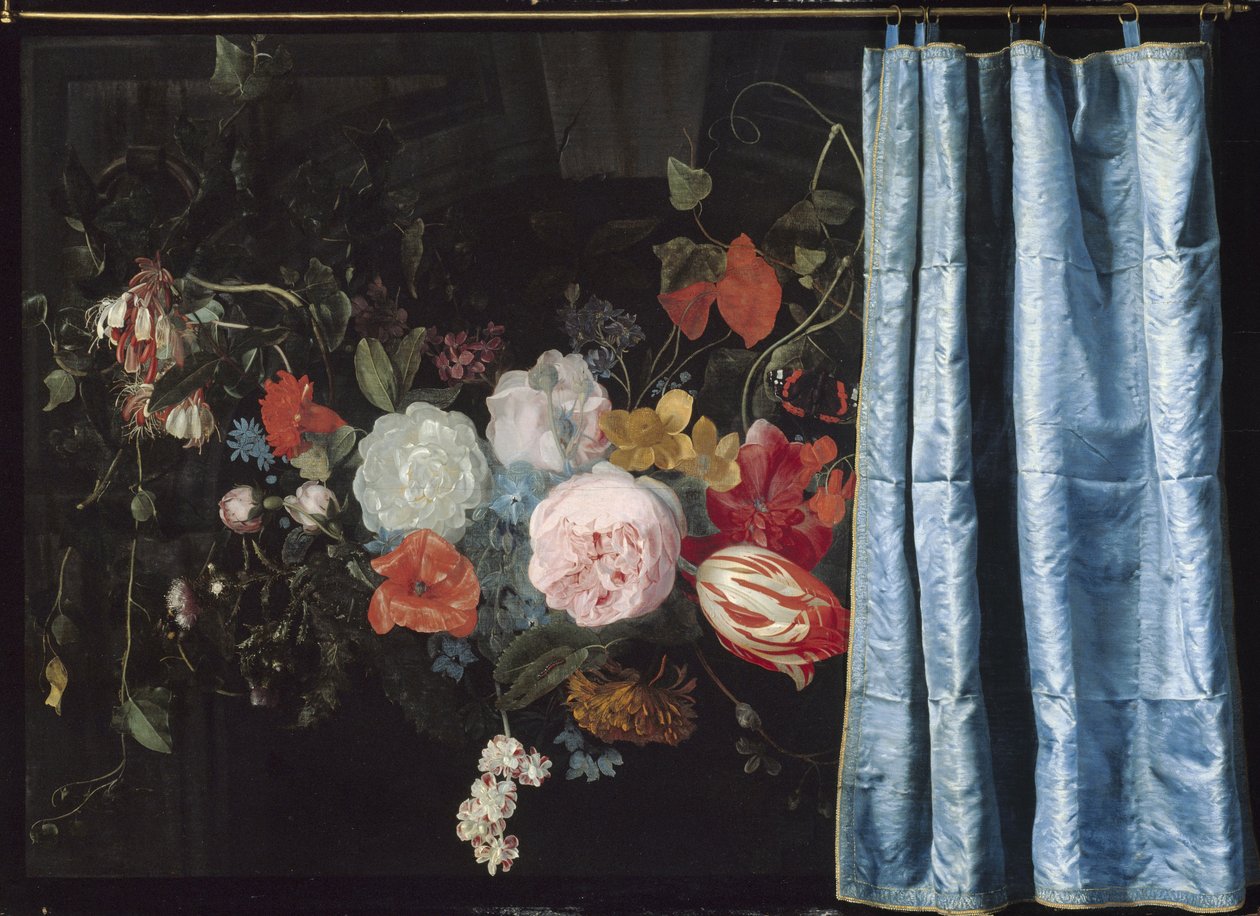 Trompe-l“ Oeil带花环和窗帘的油画静物画，1658年 作者 阿德里亚恩·范斯派德