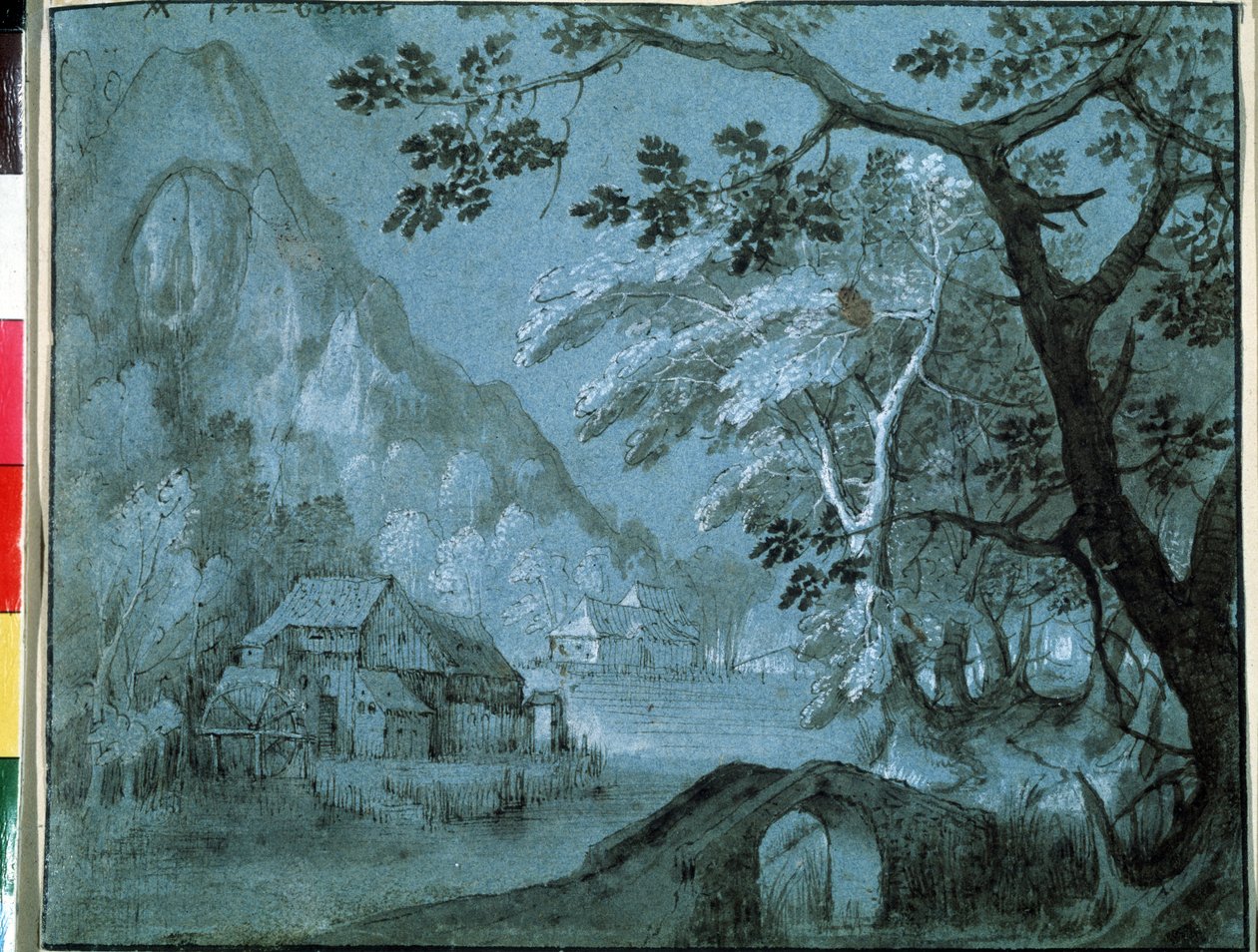 山间湖边有磨坊的风景。Adriaen Van Stalbemt（1580-1662 年）绘制。纸上灰彩画 作者 阿德里亚恩·范·斯塔贝姆