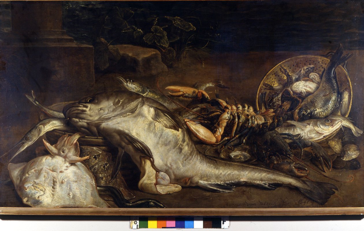 鱼的静物。 Adriaen van Utrecht (1599 - 1652) 的绘画。 米兰，CRA。 作者 阿德里亚恩·范·乌特勒支