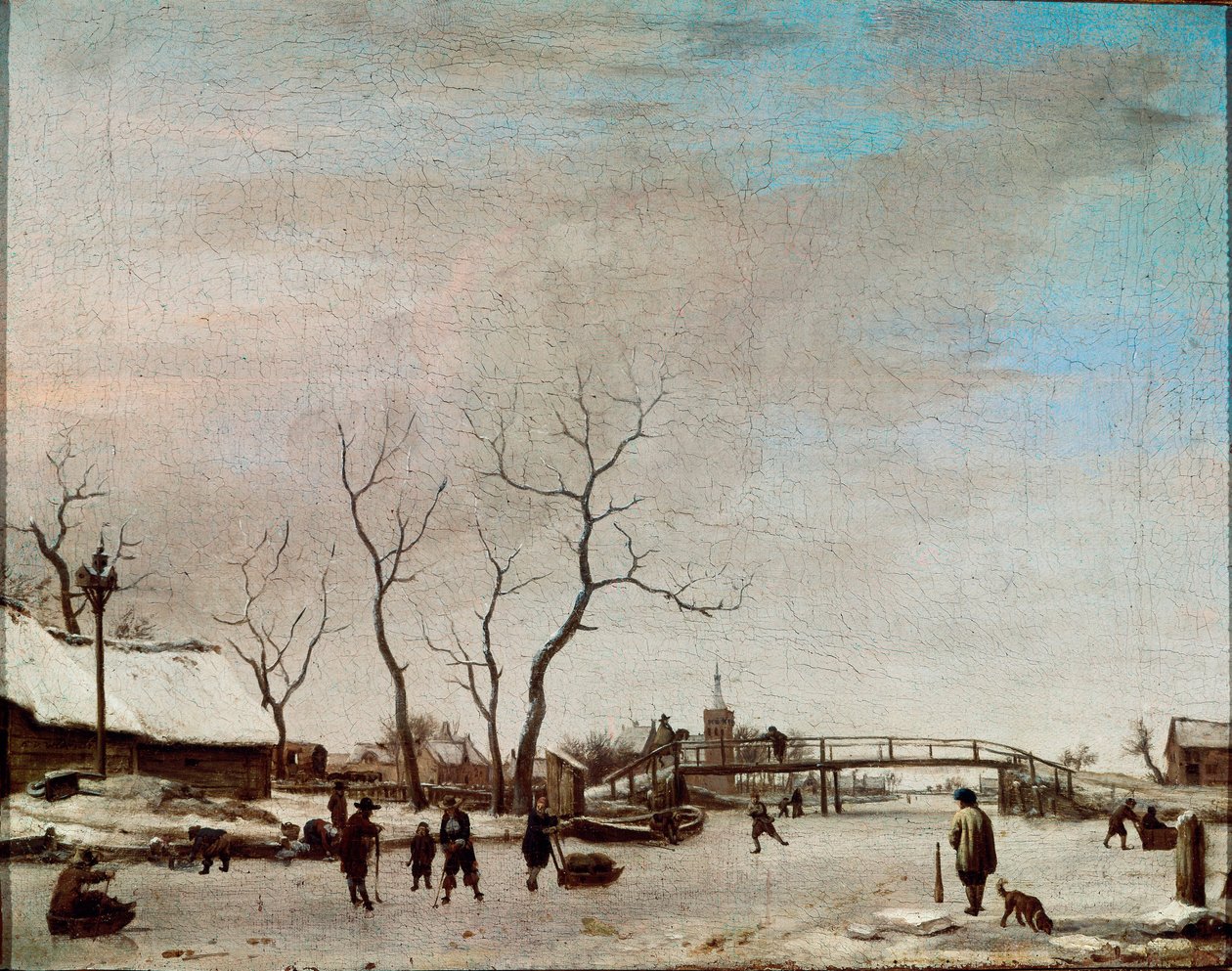 Riviere gelee with skaters 小阿德里亚恩·范德维尔德 (1636-1672) 1668 年尺寸 23x30 厘米巴黎，卢浮宫博物馆 作者 阿德里亚恩·范·德·韦尔德
