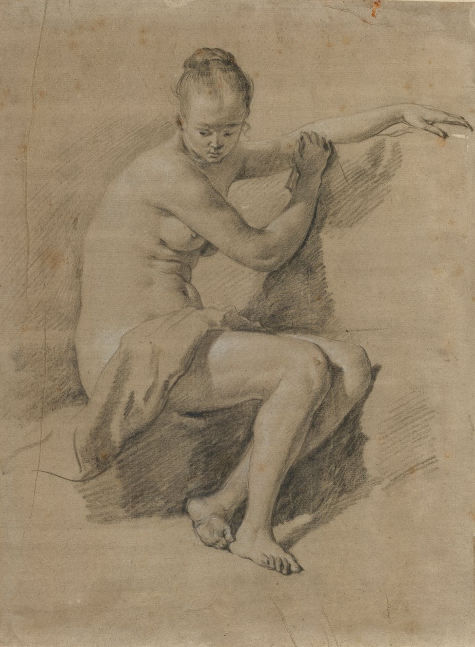 坐着的女性裸体，c.1660-70（黑白粉笔画） 作者 阿德里亚恩·范·德·韦尔德