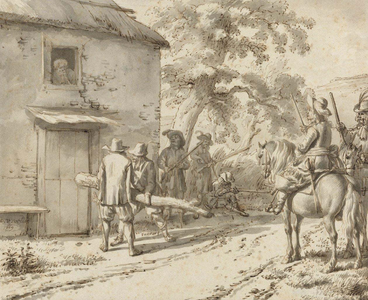 士兵强行打开一扇门，1669年（钢笔和墨水画） 作者 阿德里亚恩·范·德·韦尔德