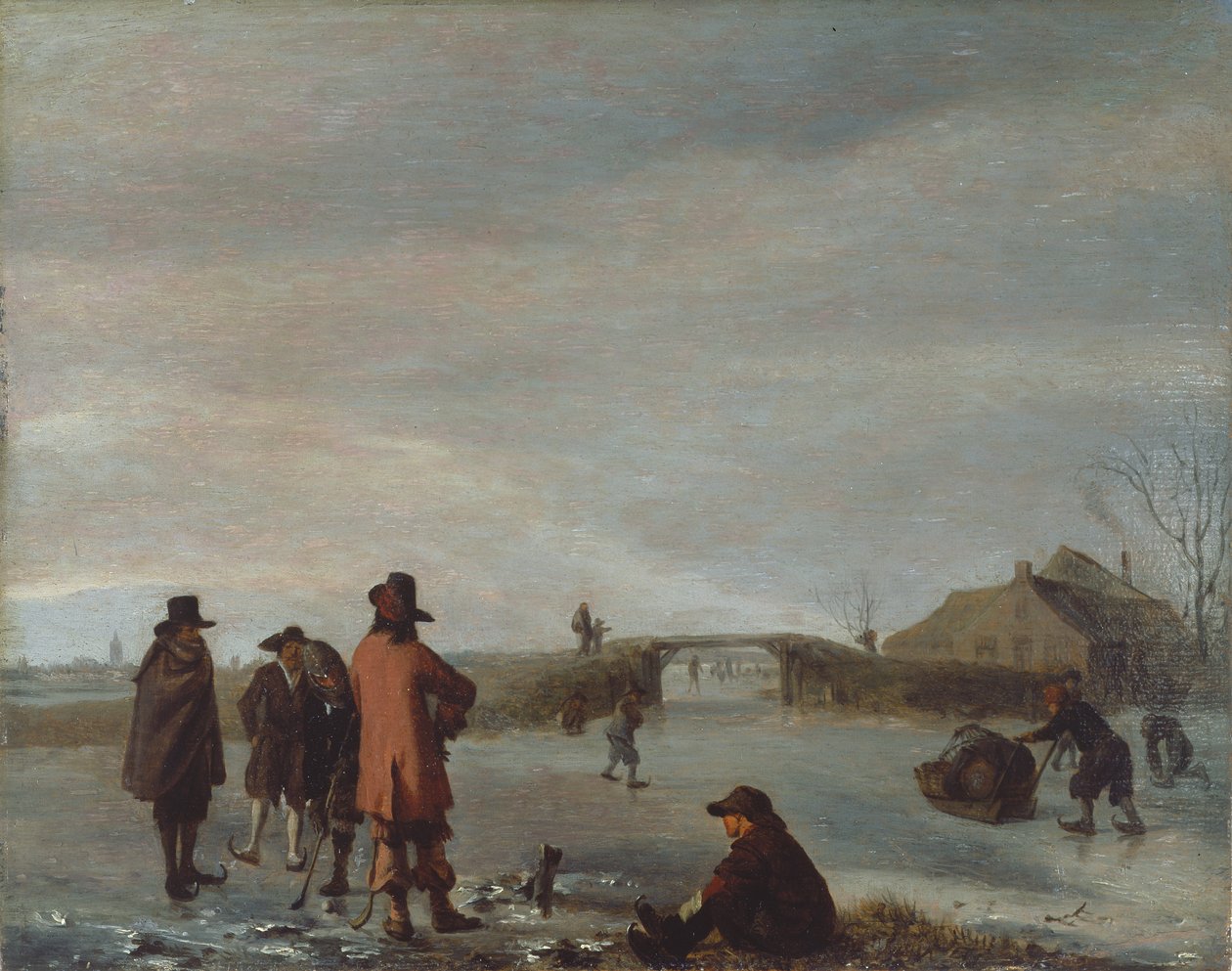 一群高尔夫球手在结冰的河流上的冬季场景，c.1654-72（面板油画） 作者 阿德里亚恩·范·德·韦尔德