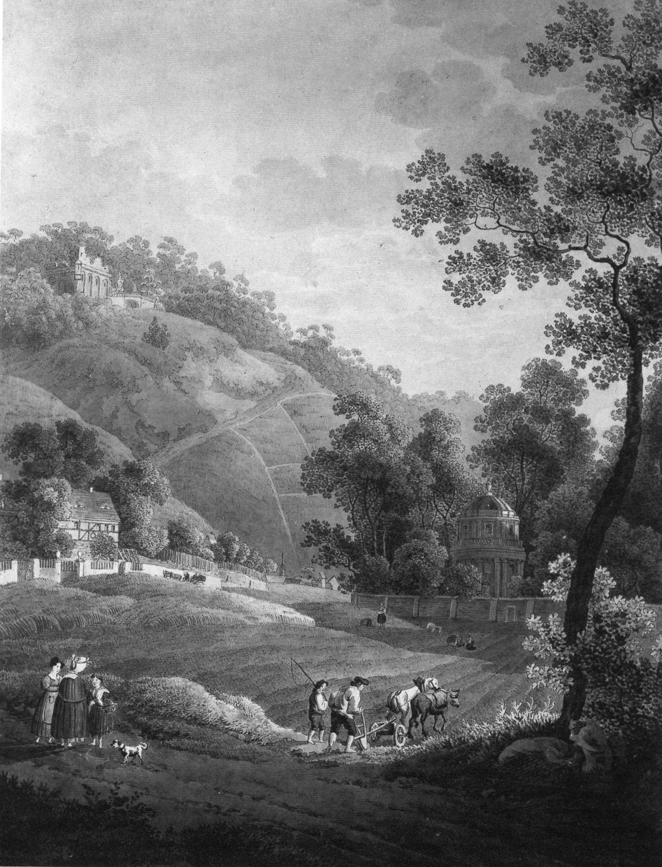 1792年左右，带花园和人工废墟的皮尔尼茨城堡景观 作者 阿德里安·辛格