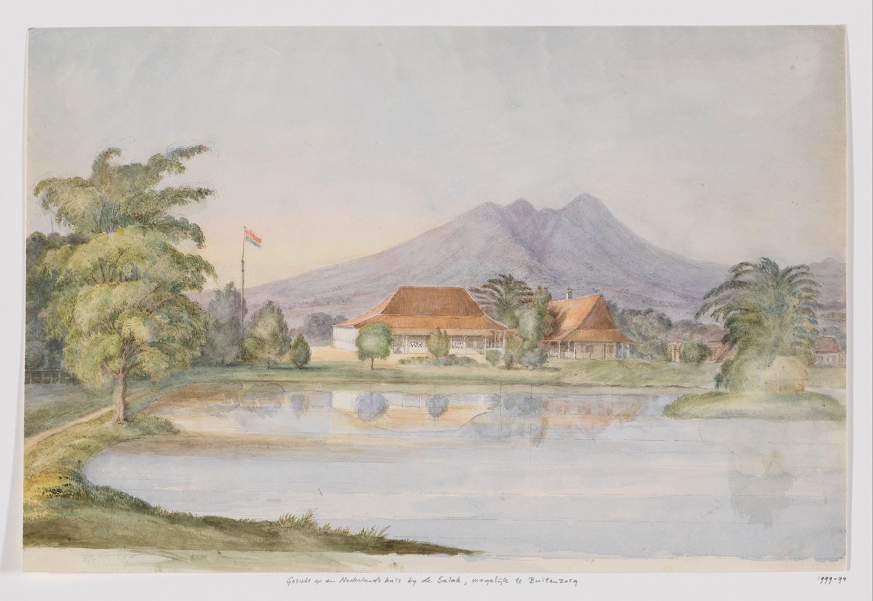 西爪哇，一座挂有荷兰国旗的房屋和池塘的山景 作者 阿德里安努斯·约翰内斯·比克