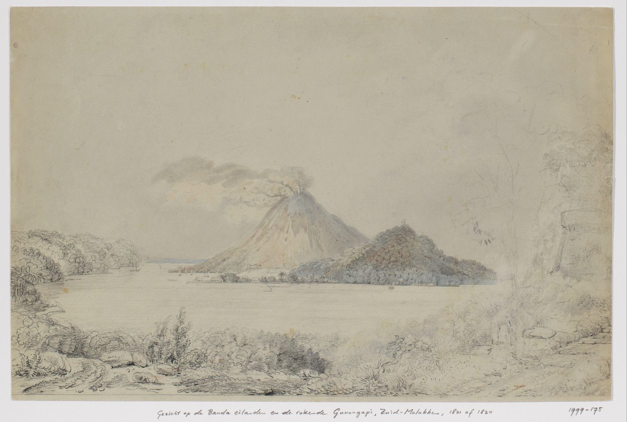 从班达内拉 (Banda Neira) 的隆塔 (Lontar) 和中摩鹿加群岛班达群岛 (Gunungapi) 吸烟的景观 作者 阿德里安努斯·约翰内斯·比克