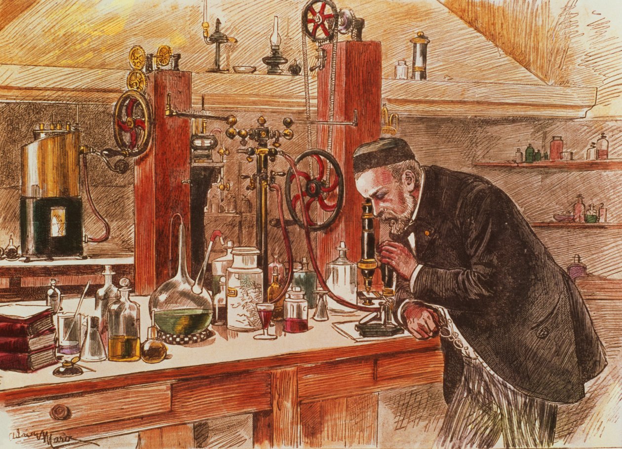 路易斯巴斯德在他的实验室试验治疗疏水症，c.1885，pub。 c.1895（打印） 作者 艾德里安·伊曼纽尔·玛丽