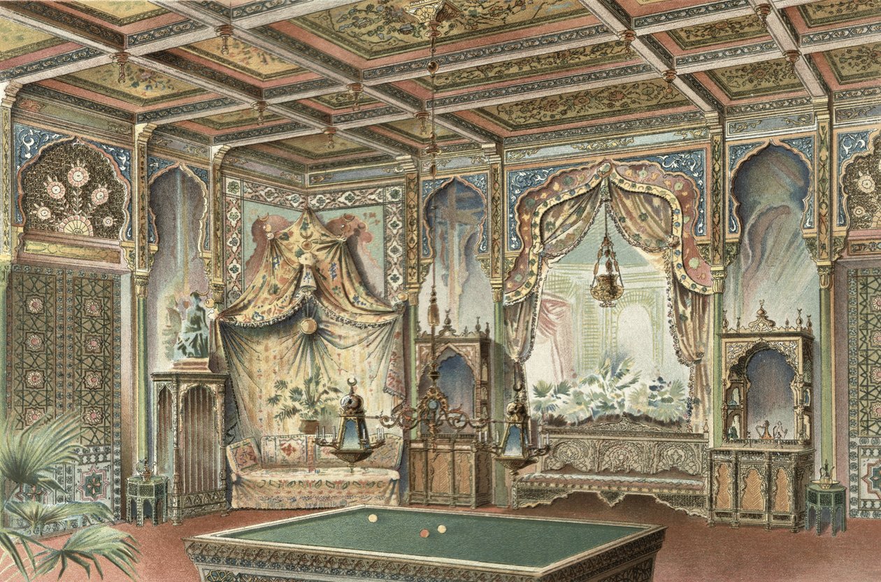 摩尔式台球室，插图来自“La Decoration Interieure”，出版于 1893-94 年（彩色平版印刷） 作者 阿德里安（后）西蒙尼顿