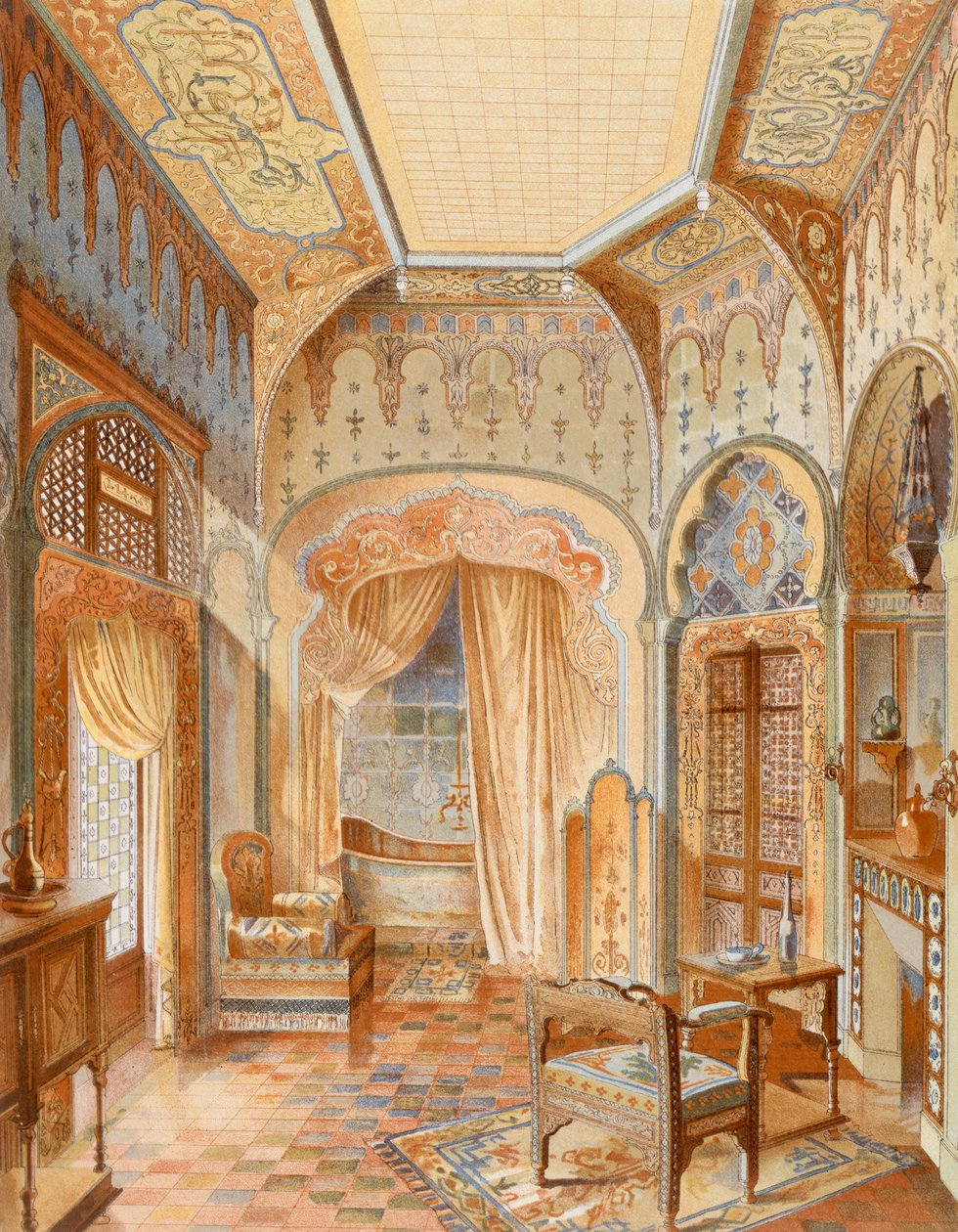 摩尔风格的浴室内饰，插图选自约 1893-94 年出版的《La Decoration Interieure》（彩色石版印刷）。 作者 阿德里安（后）西蒙尼顿