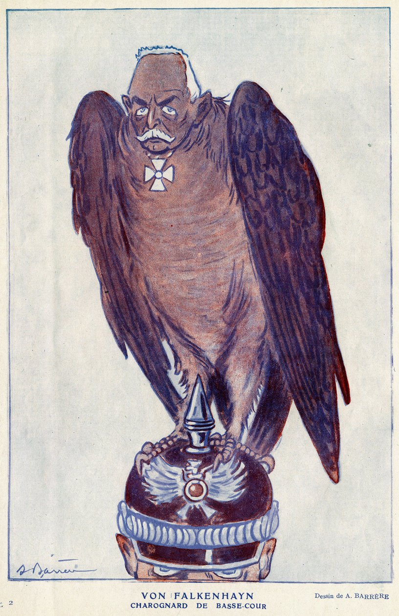 德国将军埃里希-冯-法尔肯海恩（1861-1922）（下院沙罗格纳）在1916年 "Fantasio "中的漫画--插图：阿德里安-巴雷尔（1877-1931）。 作者 阿德里安·巴雷尔