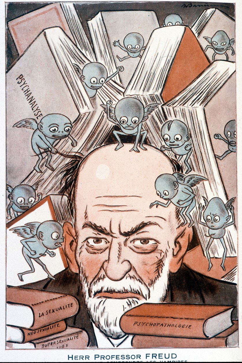 西格蒙德·弗洛伊德 (Sigmund Freud) 的卡通“”使吸血鬼理解“”的人”-阿德里安·巴雷尔 (1877-1931) 于 05/15/1931 的“幻想曲”中的插图 作者 阿德里安·巴雷尔