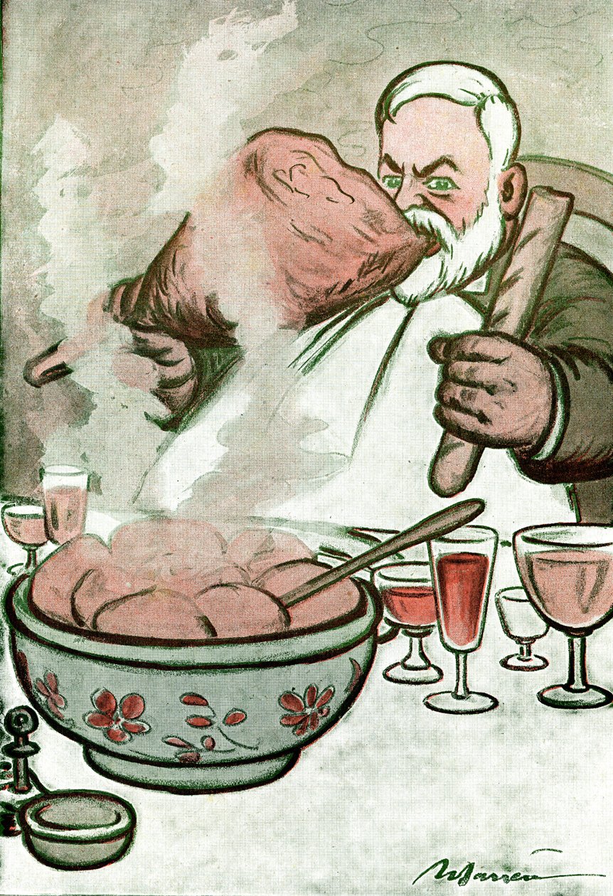 描绘卡米尔·瑟夫 (Camille Cerf) (1862-1936) 的漫画，比利时记者兼乔治·克列孟梭 (Georges Clemenceau) 的秘书 - 由 Adrien Barrere (1877-1931) 绘制，来自 Fantasio 作者 阿德里安·巴雷尔