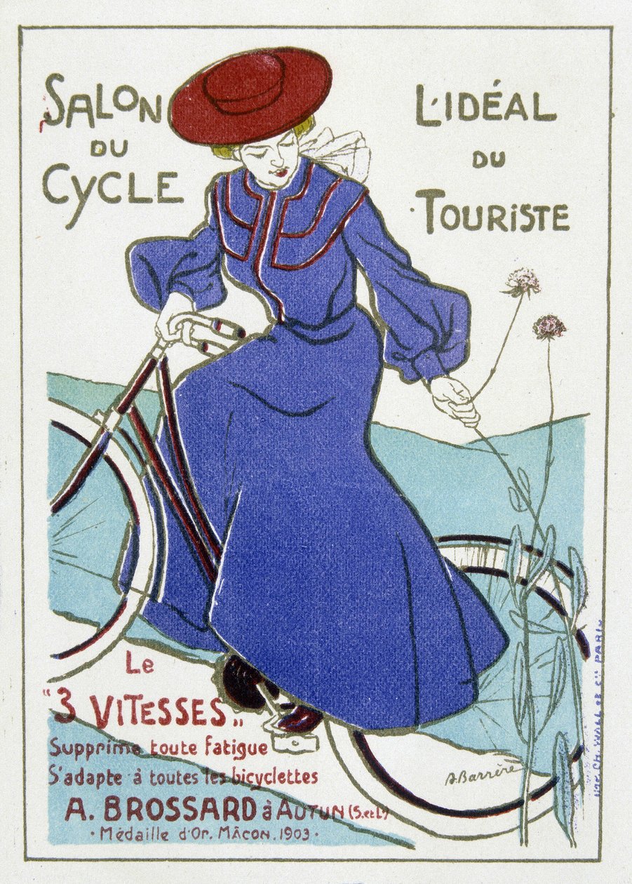 自行车博览会，旅游的理想。A. Brossard的自行车广告，1903年在Macon获得金奖。巴雷尔的插图，可追溯到20世纪初。 作者 阿德里安·巴雷尔