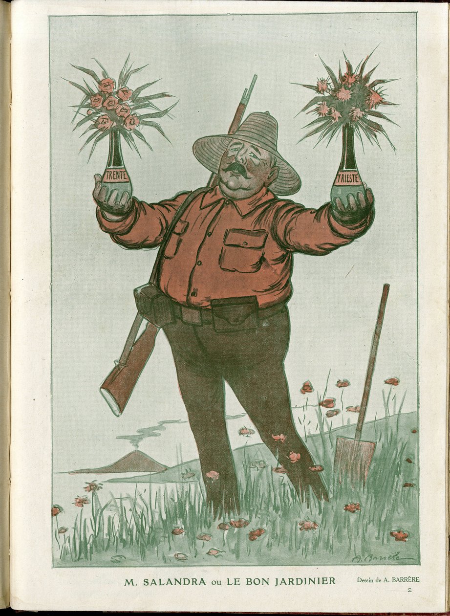 A Barrere（1874-1931）在 "Fantasio "中的插图，15年6月1日 - 萨兰德拉先生或好园丁 - 14-18年战争，意大利，葡萄酒，中立，鲜花，火山爆发，理事会主席，的里雅斯特 - 萨兰德拉-安东尼奥 作者 阿德里安·巴雷尔