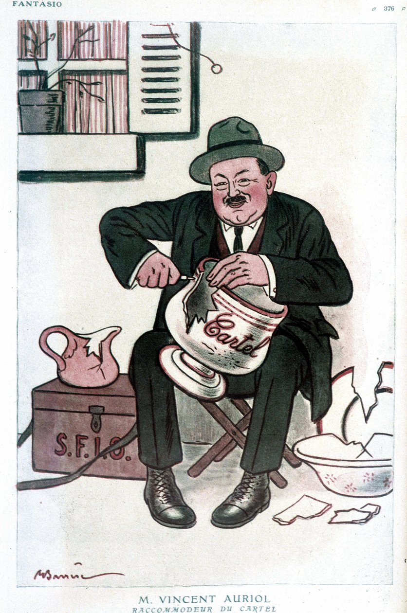 文森特-奥里尔先生，Cartel Raccommodeur：关于文森特-奥里尔（1884-1938）的幽默画，关于SFIO（S.F.I.O）和Cartel des gauche。A. Barrere的绘画--在1929年2月15日的 "Fantasio "上。 作者 阿德里安·巴雷尔
