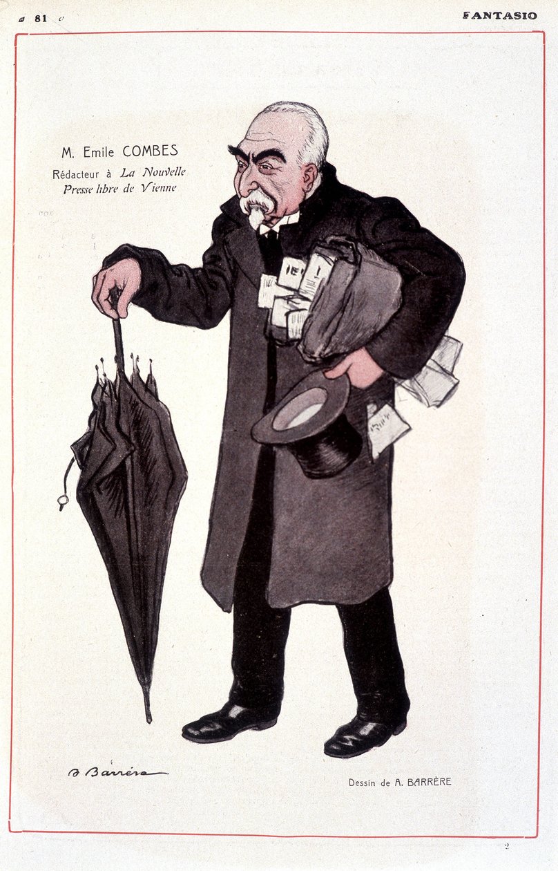法国政治家Emile Combes（1835-1921）的肖像，《维也纳自由新闻报》的反应者--由Adrien Barrere（1877-1931）在《Fantasio》杂志上插图，1907年3月1日 作者 阿德里安·巴雷尔