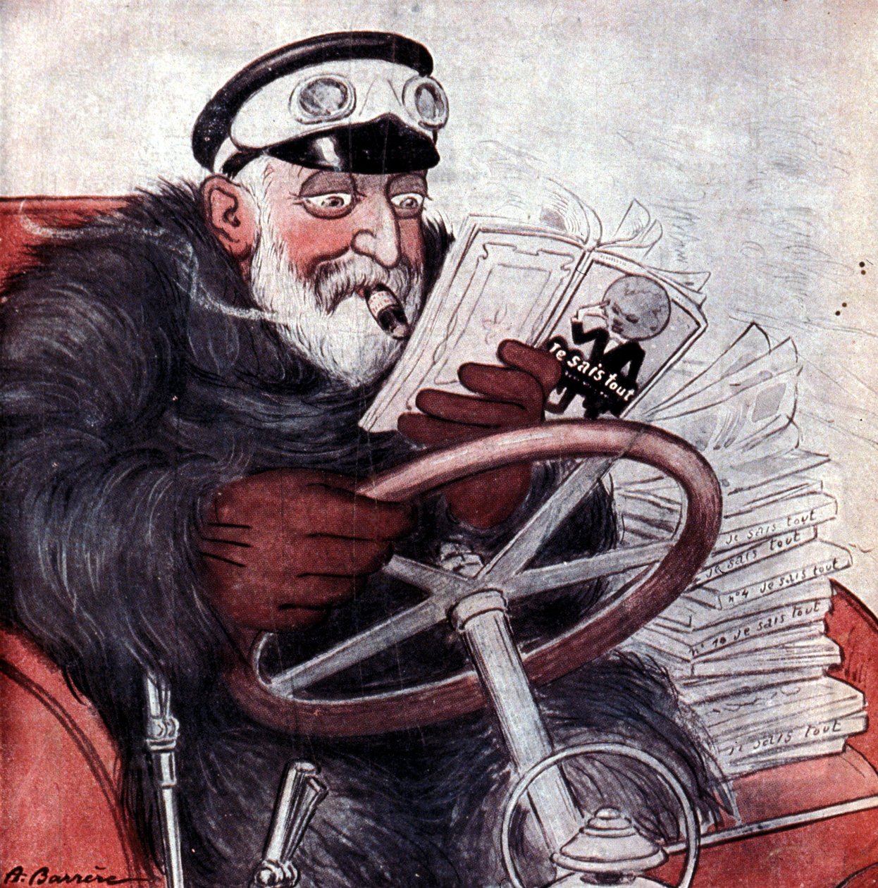 英格兰国王爱德华七世 (1841 - 1910) 驾驶汽车的肖像。 由 A. Barrère 绘制。 “我知道所有的东西。” 作者 阿德里安·巴雷尔