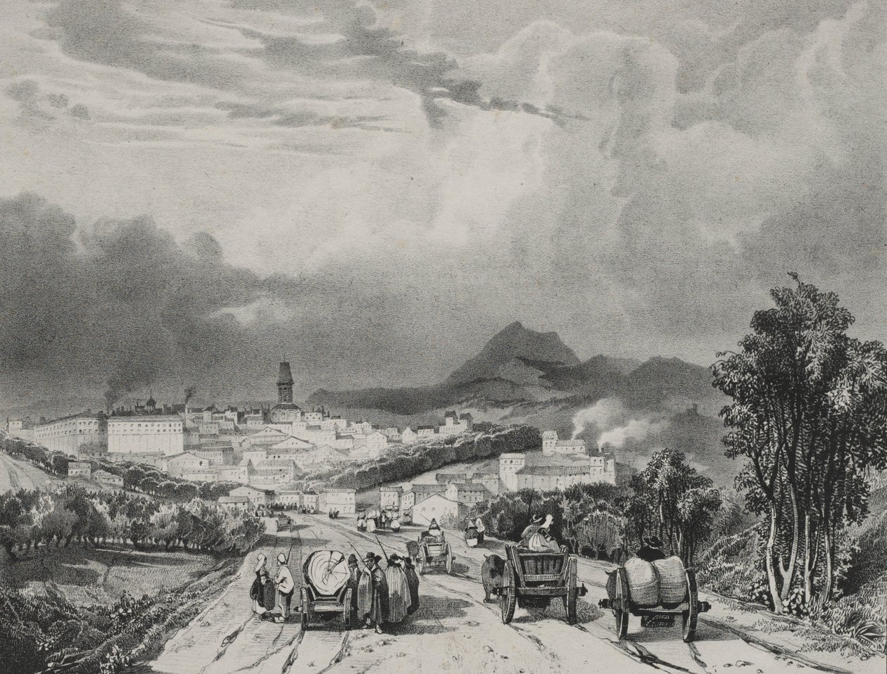里奥姆的全景，奥弗涅，1829年。 作者 阿德里安·道扎兹（Adrien Dauzats）
