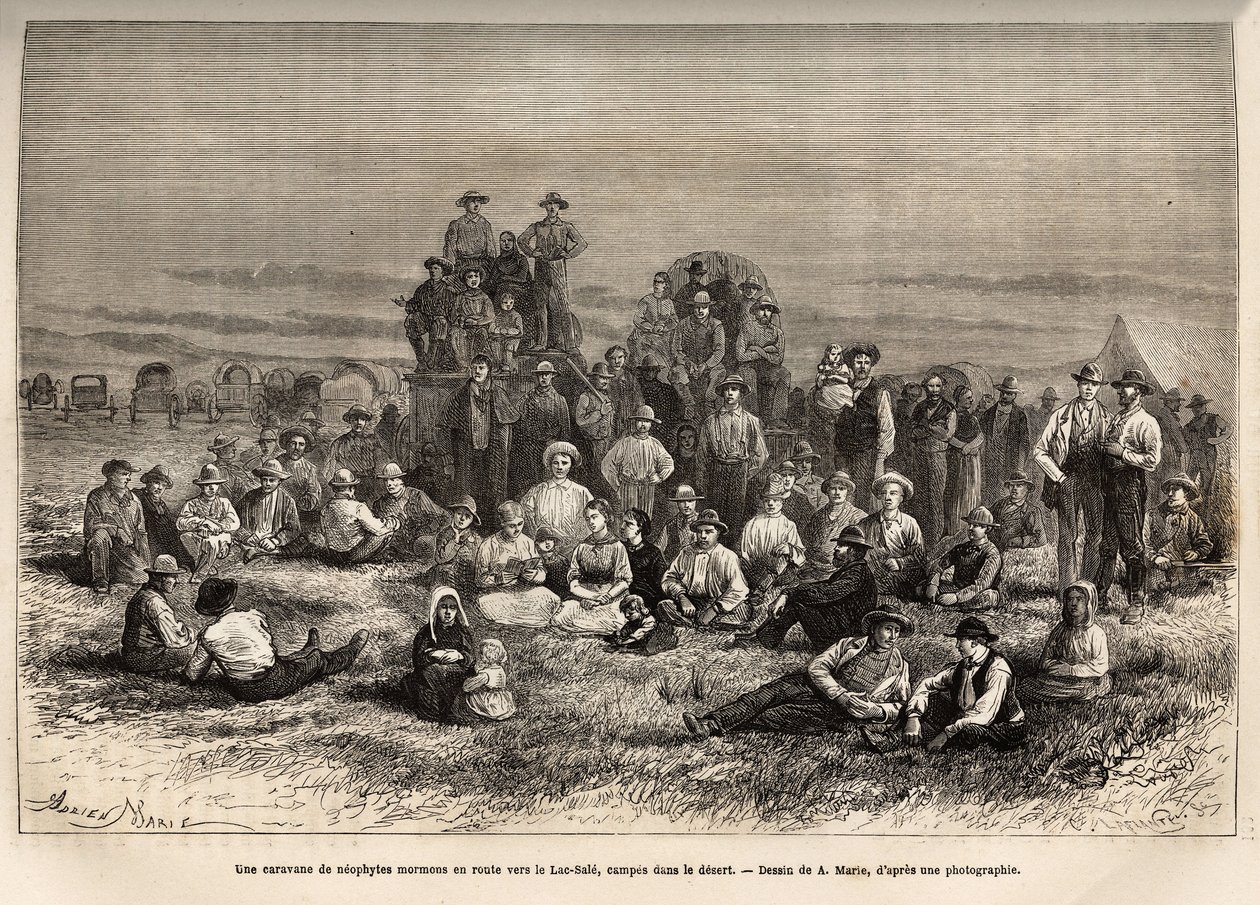 A caravan of Mormon neophytes en route to Lake Sale, in its camp in the desert, engraving after A.Marie