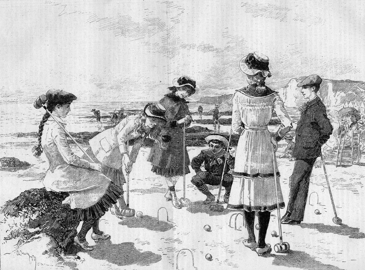 孩子们在海滩上玩槌球。阿德里安-玛丽在1881年9月17日《世界画报》第1277期上的版画。 作者 艾德里安·伊曼纽尔·玛丽