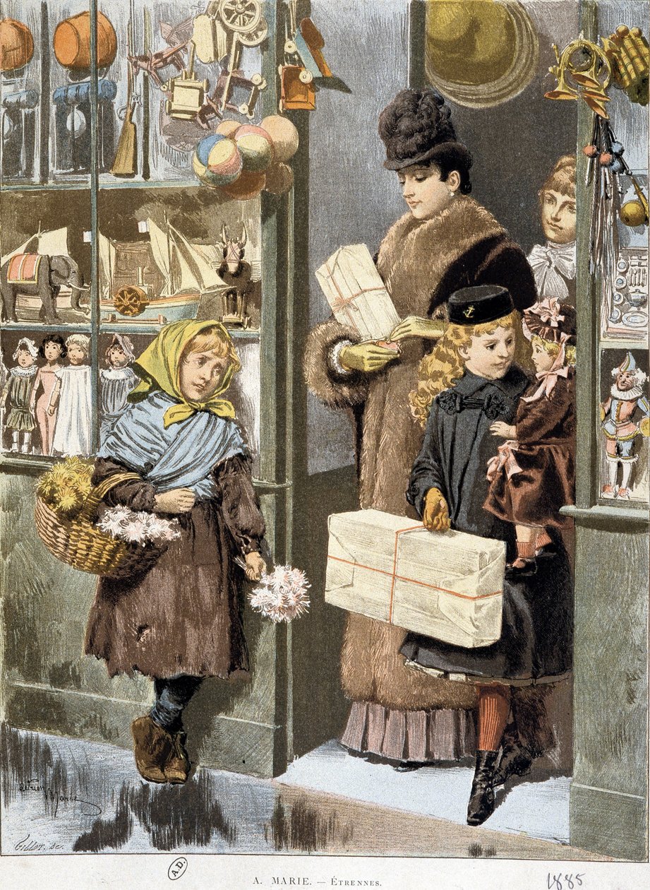 在富人出来的玩具店出口处卖小花束的可怜女孩（圣诞节购物？） - Adrien Marie 作画 作者 艾德里安·伊曼纽尔·玛丽