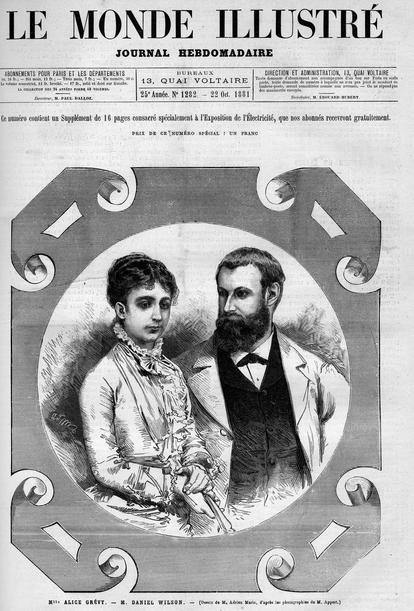 法国政治家丹尼尔-威尔逊（1840-1919）和他的妻子爱丽丝-格雷维的画像。雕刻者：阿德里安-玛丽。10月22日第1282期《图画世界》之一 作者 艾德里安·伊曼纽尔·玛丽