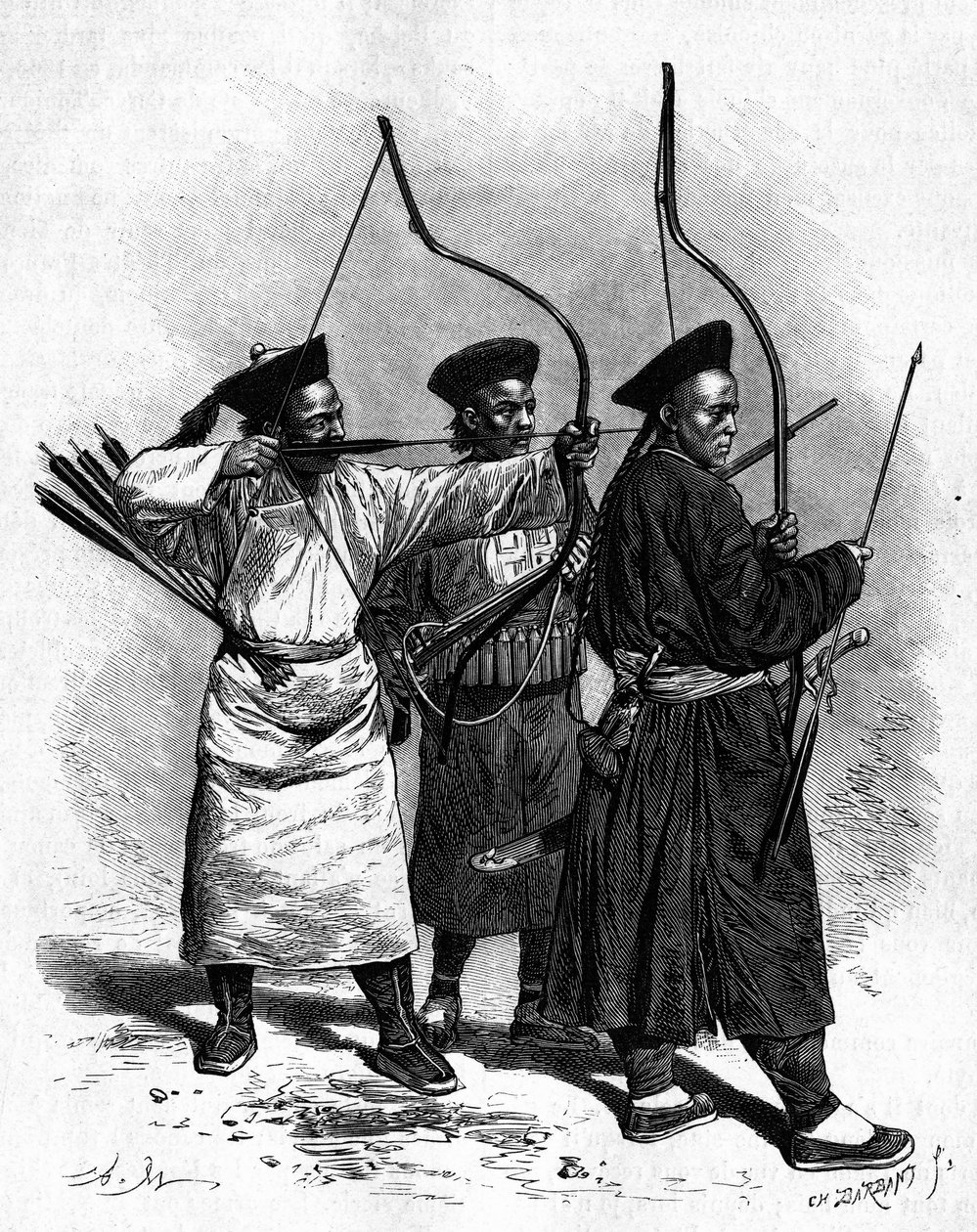 19世纪70年代，三位身着传统服装的中国弓箭手的肖像。根据玛丽的画作进行的雕刻，出自汤姆森的照片，载于 "Le Tour du Monde, Nouveau journal des Voyages"，由Edouard Charton编著，巴黎 作者 艾德里安·伊曼纽尔·玛丽