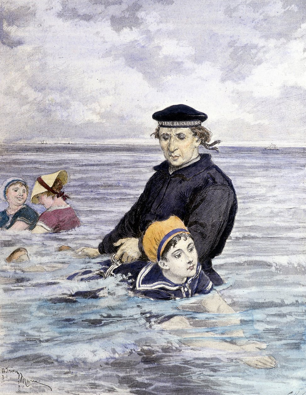 游泳课 - Adrien Marie (1848 - 1891) 的绘画，19 世纪末 作者 艾德里安·伊曼纽尔·玛丽