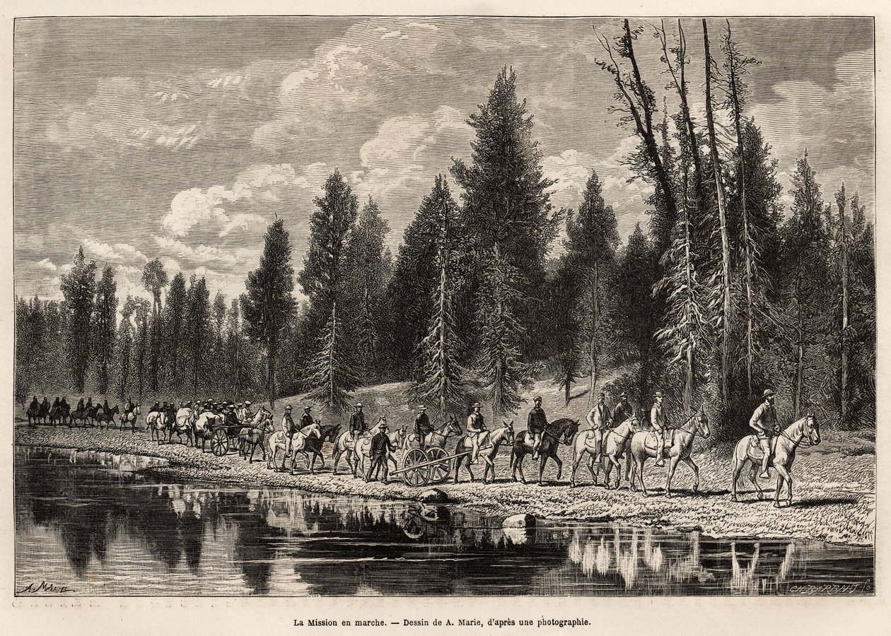 沿亨利河前往海登山的整个地理任务，以 A.Marie 的画作雕刻，说明了 1870 年至 1872 年间由海登、多恩和兰福德先生在美国国家公园进行的一系列地理任务，pu 作者 艾德里安·伊曼纽尔·玛丽
