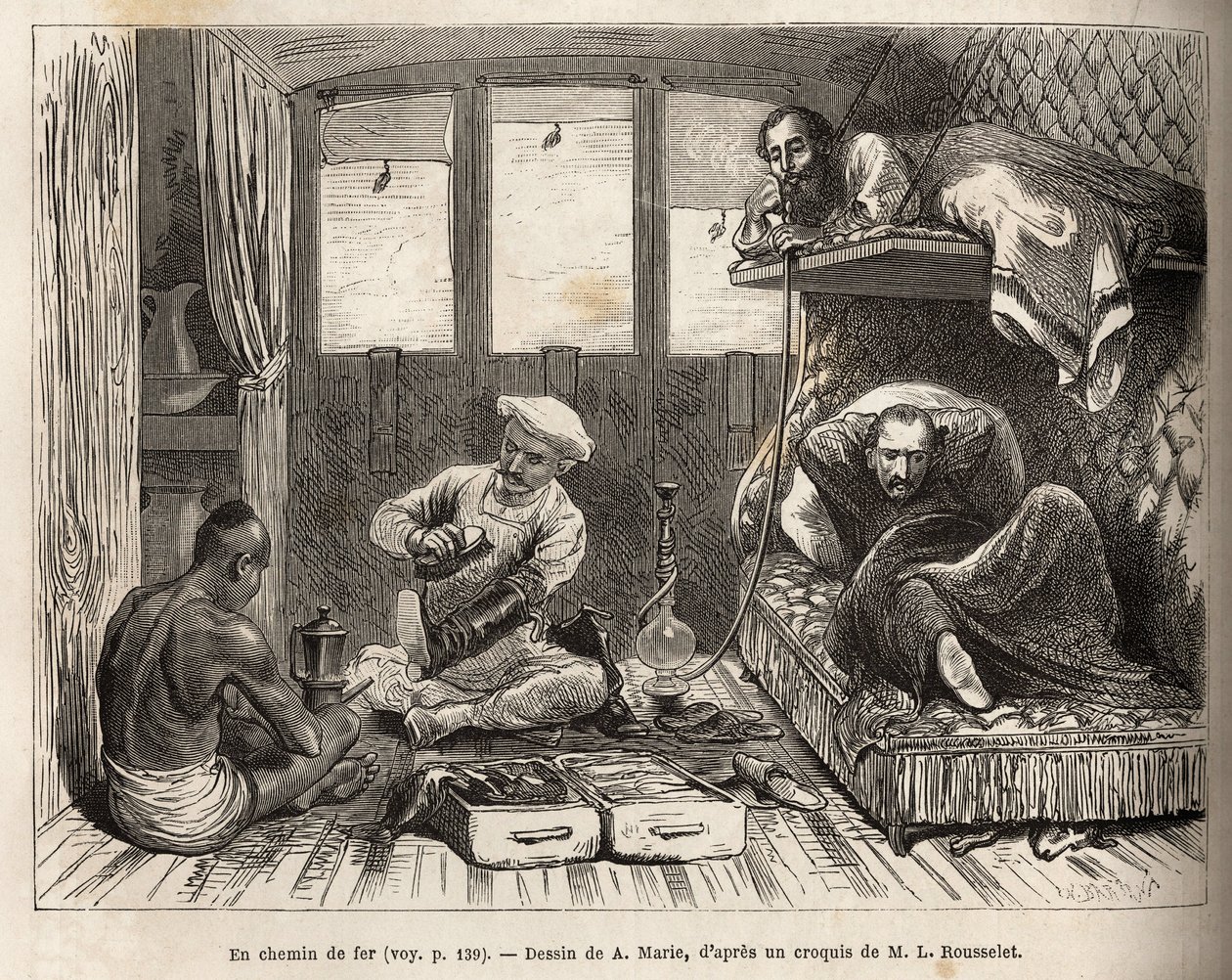 The interior of an East Indian Railway railway bed wagon, on the route to Azimgange, in a large compartment, a removable berth and a washroom, as well as the staff of the car who oversees the comfort of the passengers, available to wax boots, prepare hot d 作者 艾德里安·伊曼纽尔·玛丽
