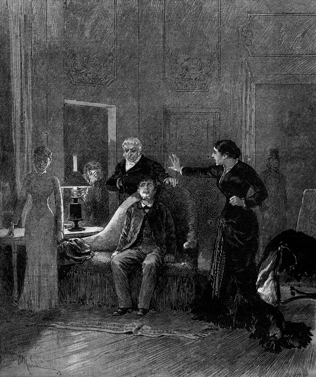 戏剧表现。阿尔方斯-多德（Alphonse Daudet，1840-1897）和H-拉方丹的《杰克》第五幕，由西索斯小姐（Cecile）、波勒先生（Rivals博士）、谢勒先生（Jack）、蒙塔兰小姐（Ida de Barancy）演出。巴黎，奥德恩剧院 作者 艾德里安·伊曼纽尔·玛丽