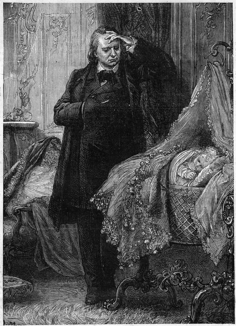 维克多-雨果在观察一个睡在摇篮里的孩子。维克多-雨果（1802-1885）的《犯罪史》插图。插图：M. A. Marie 作者 艾德里安·伊曼纽尔·玛丽